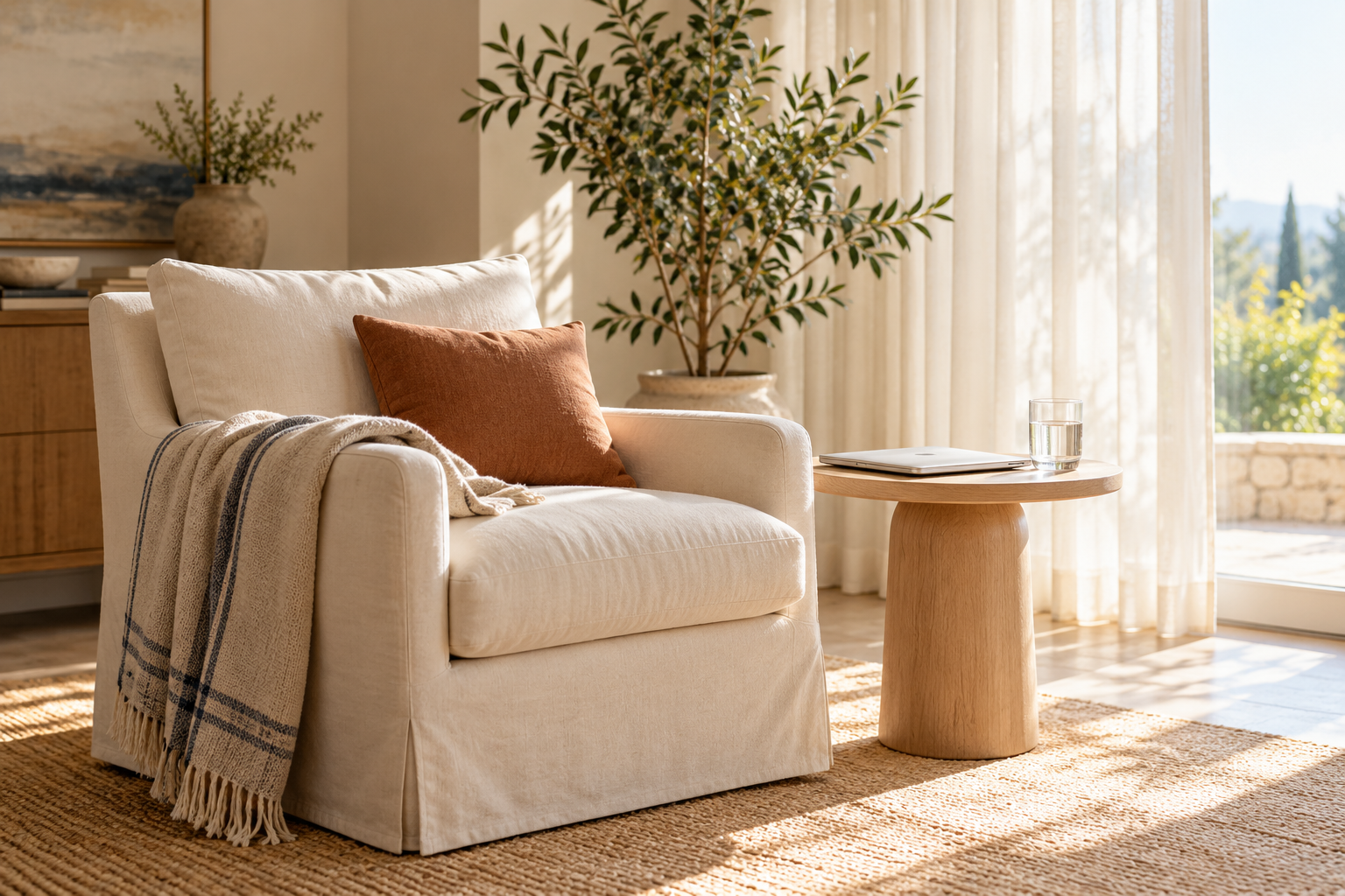 A quiet sunlit reading nook with a linen armchair